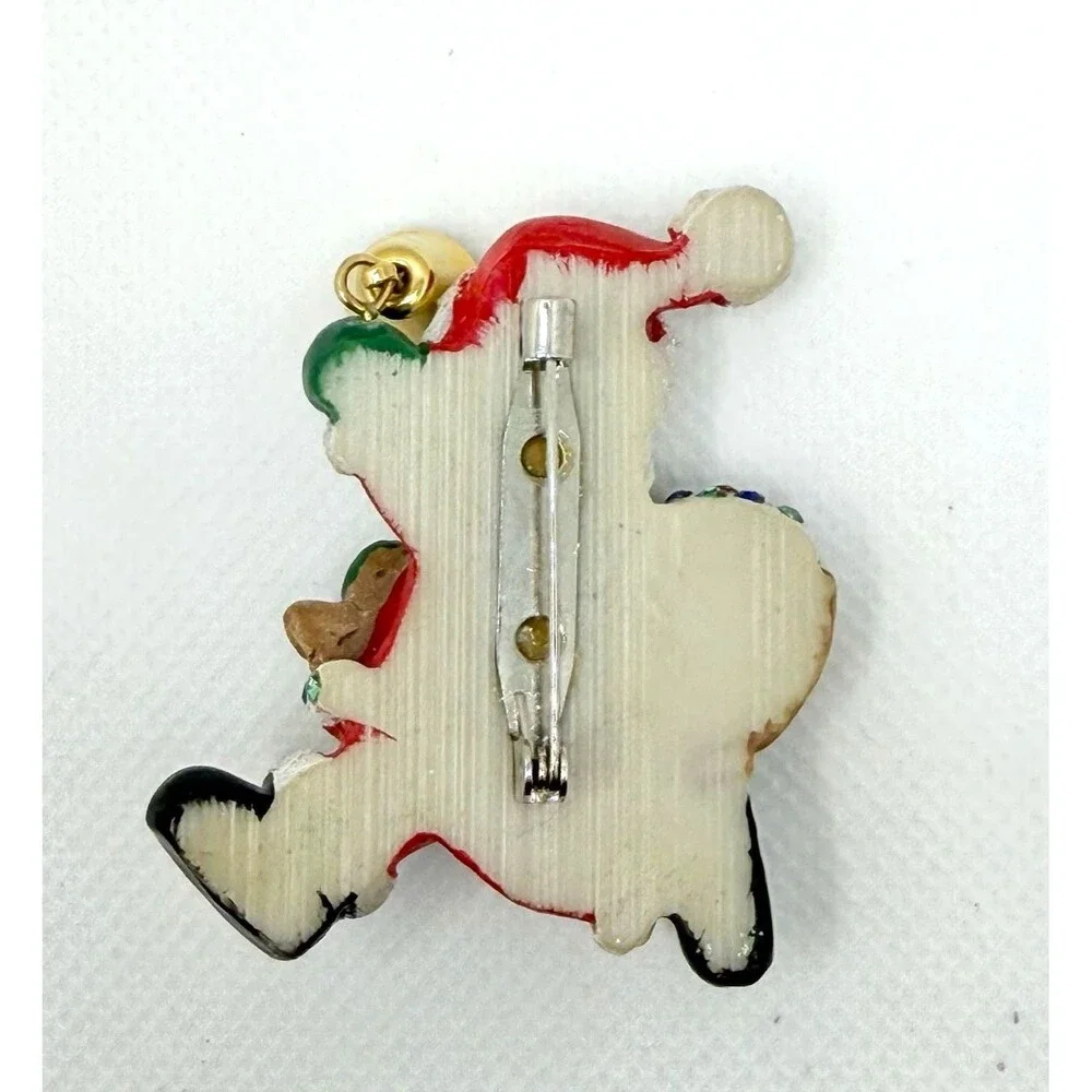 Vintage Pin Brooch Santa Claus w Bag of Presents & Rhinestones & Bell St. Nick